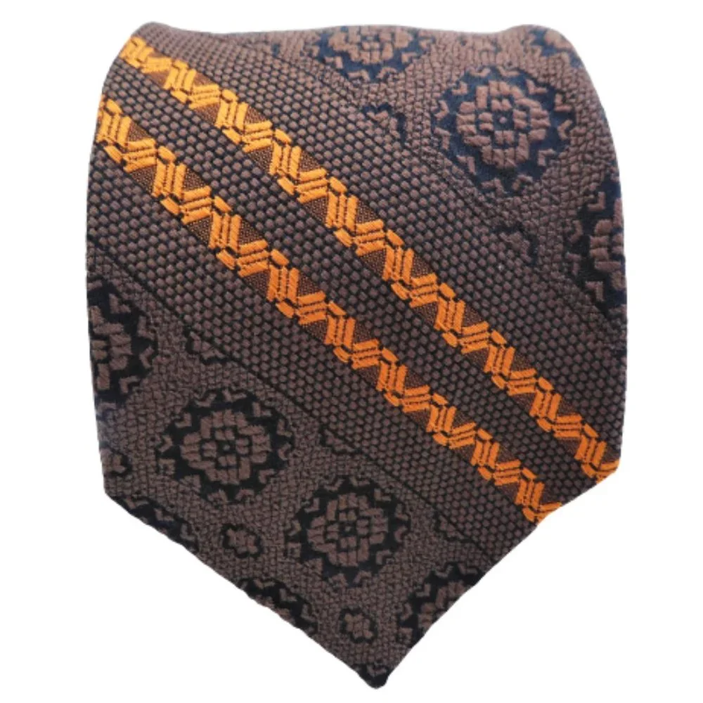Talisman Tie Vintage Retro Mixed Floral Geo Patterns Brown Orange